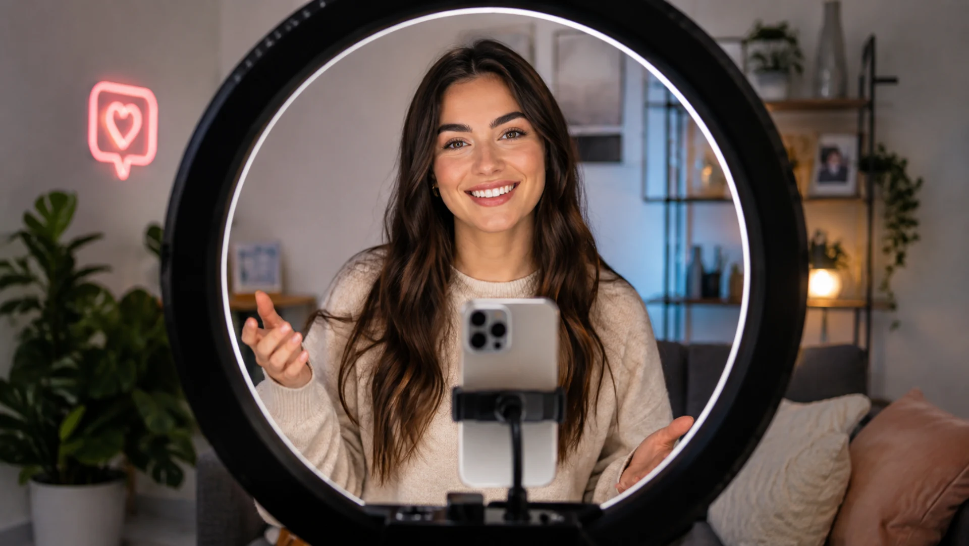 Creadora de contenido grabando con aro de luz en casa