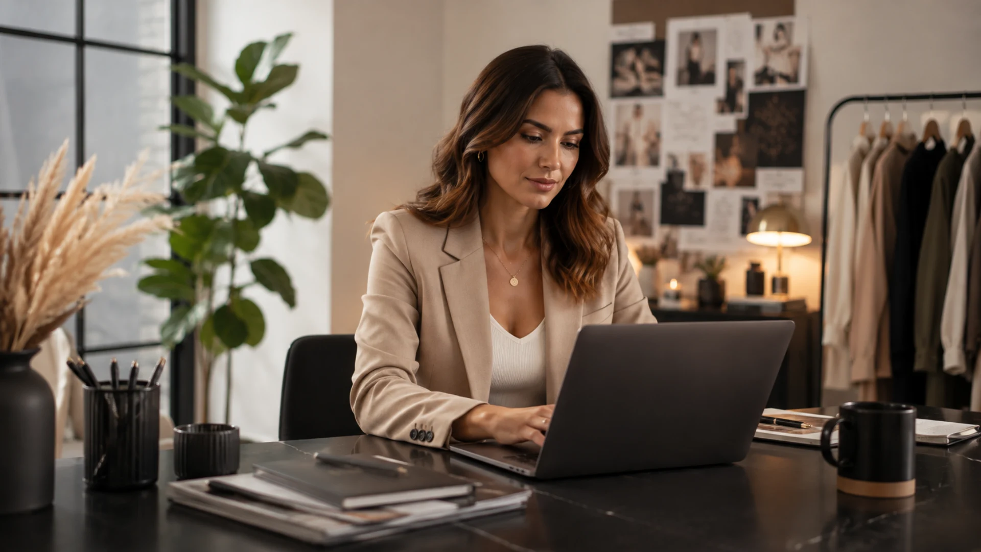 Mujer elegante trabajando en un ordenador