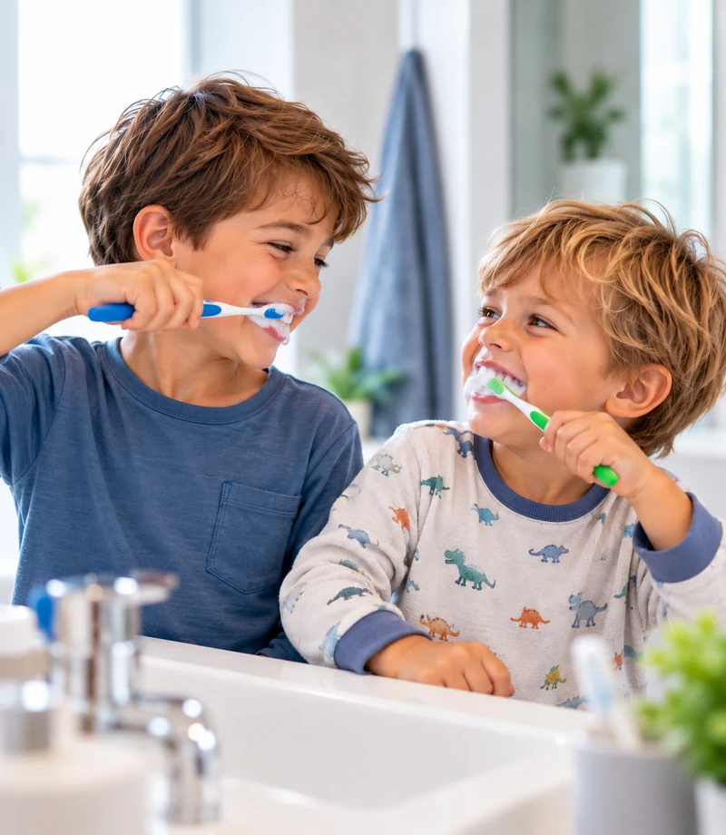 Dos niños cepillándose los dientes