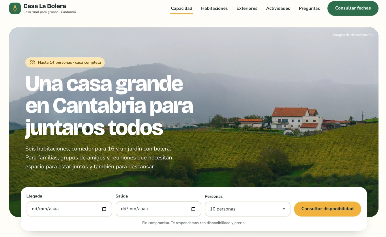 Ejemplo de diseño web para casa rural: Casa La Bolera, alegre y práctico