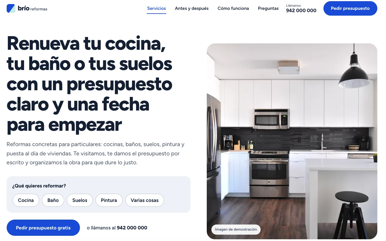 Ejemplo de diseño web para empresa de reformas y construcción: Brío Reformas, claro y directo