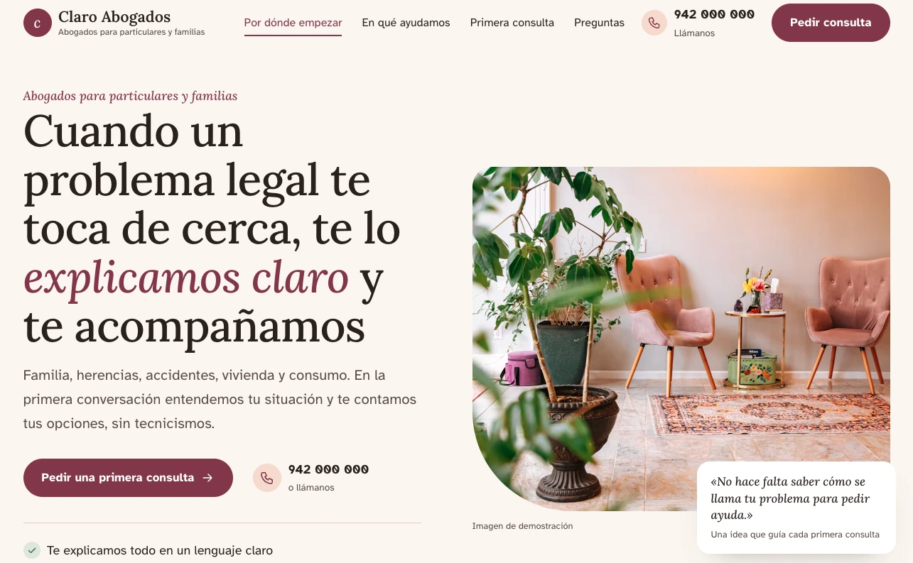 Ejemplo de diseño web para despacho de abogados o asesoría: Claro Abogados, humano y cercano