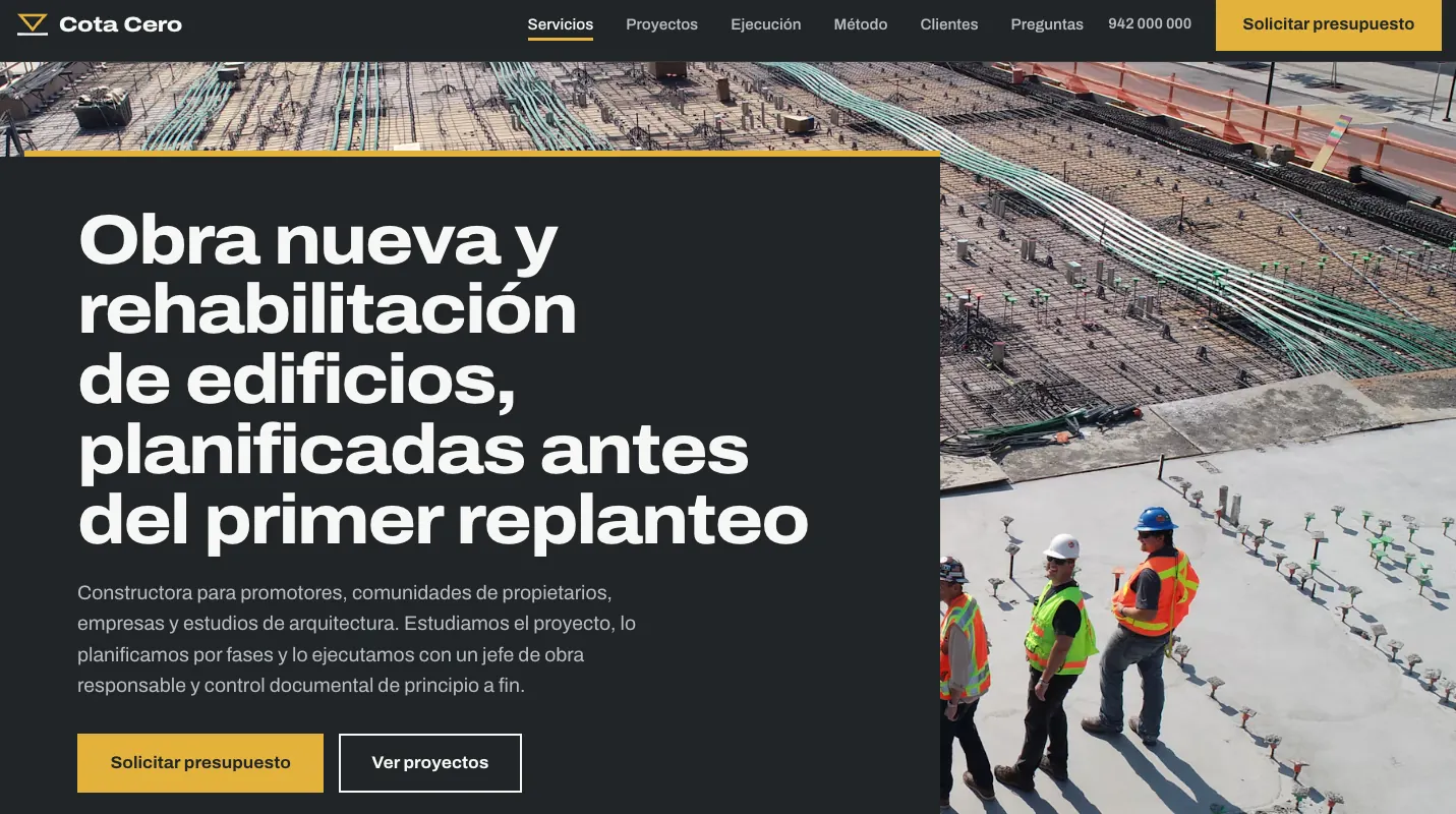 Ejemplo de diseño web para empresa de reformas y construcción: Cota Cero, contundente y técnico