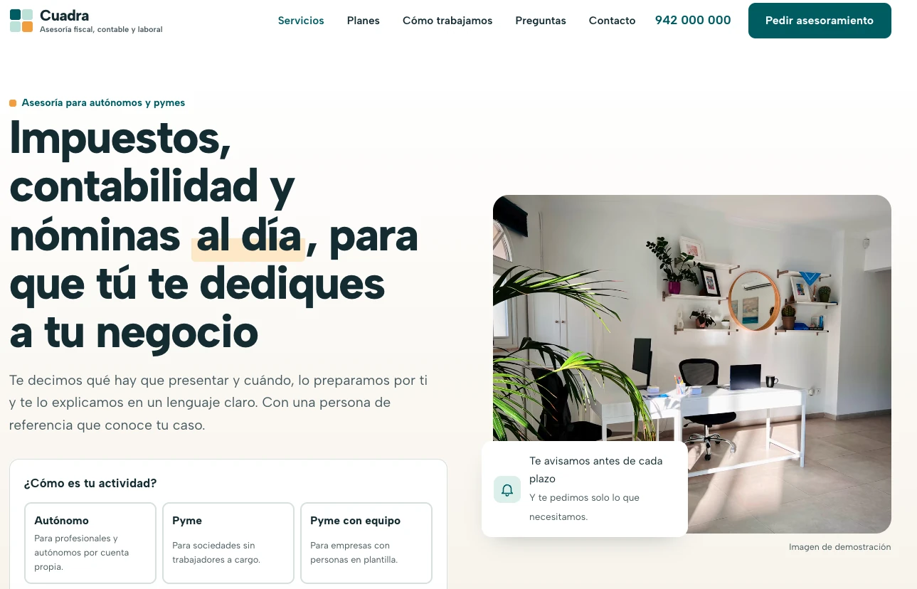 Ejemplo de diseño web para despacho de abogados o asesoría: Cuadra Asesores, claro y cercano