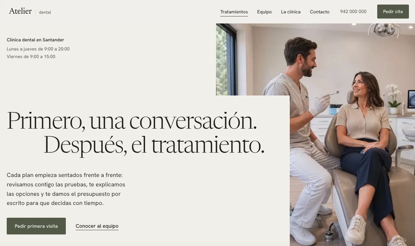 Ejemplo de diseño web para clínica dental: Atelier Dental, premium y editorial