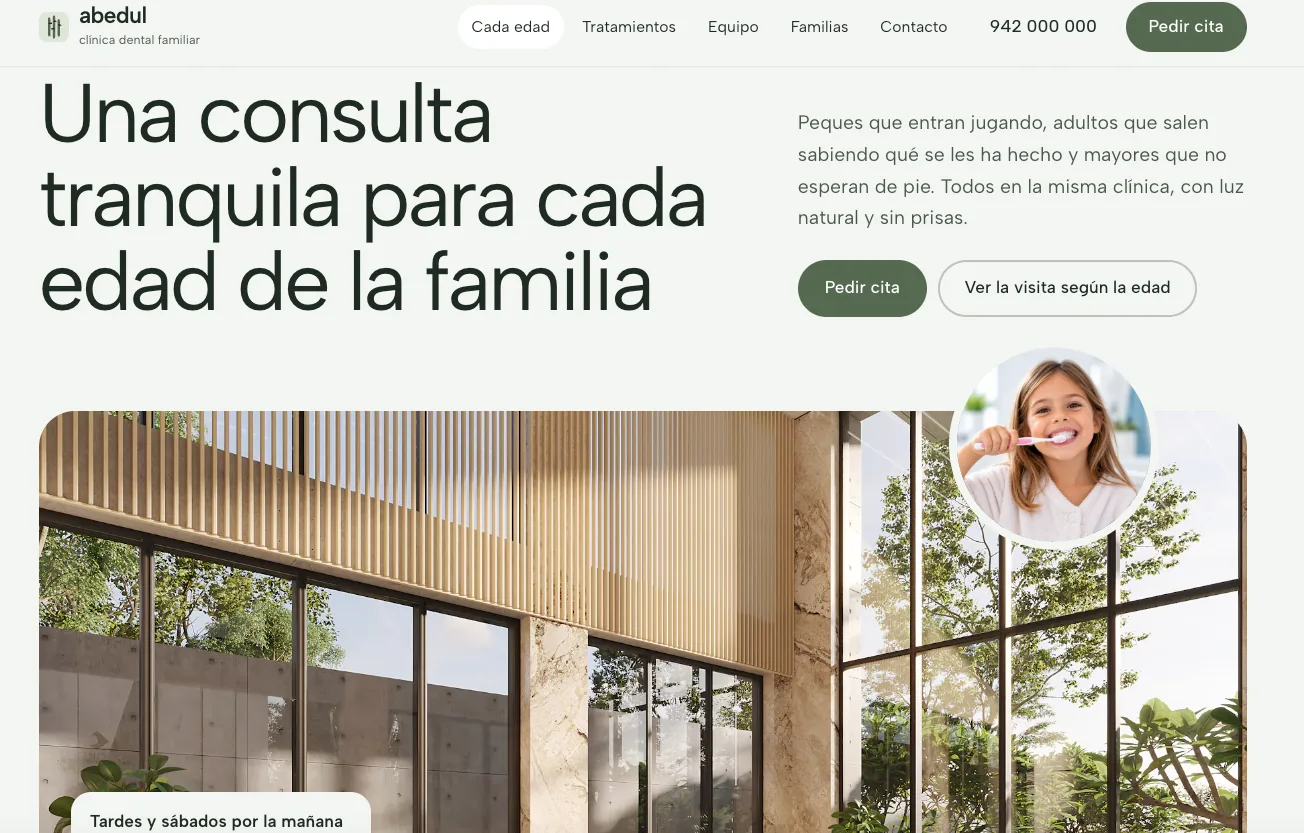 Ejemplo de diseño web para clínica dental: Abedul, cálido y familiar