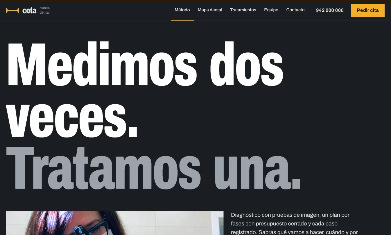 Ejemplo de diseño web para clínica dental: Cota, preciso y tecnológico