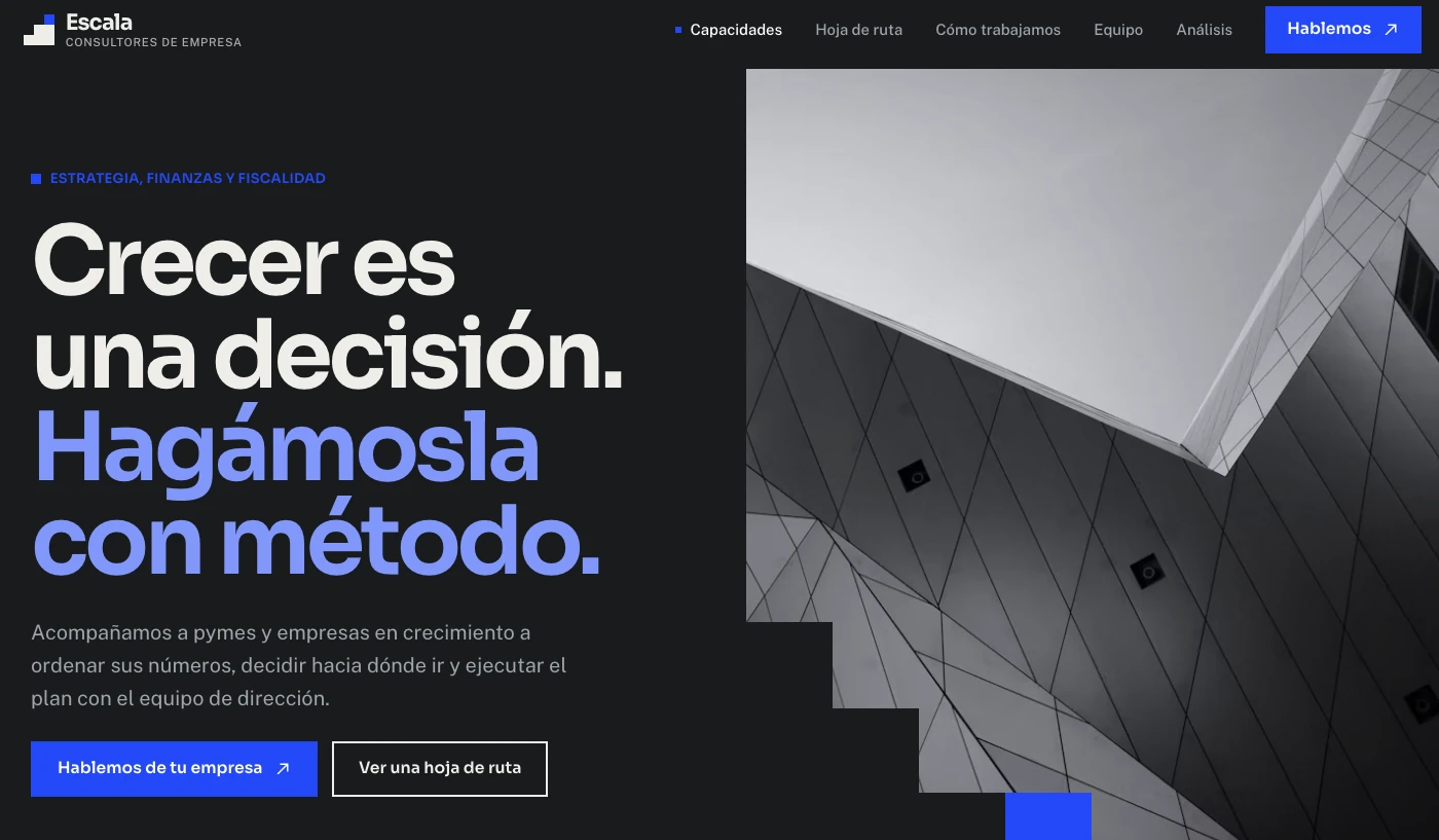 Ejemplo de diseño web para despacho de abogados o asesoría: Escala Consultores, moderno y estratégico