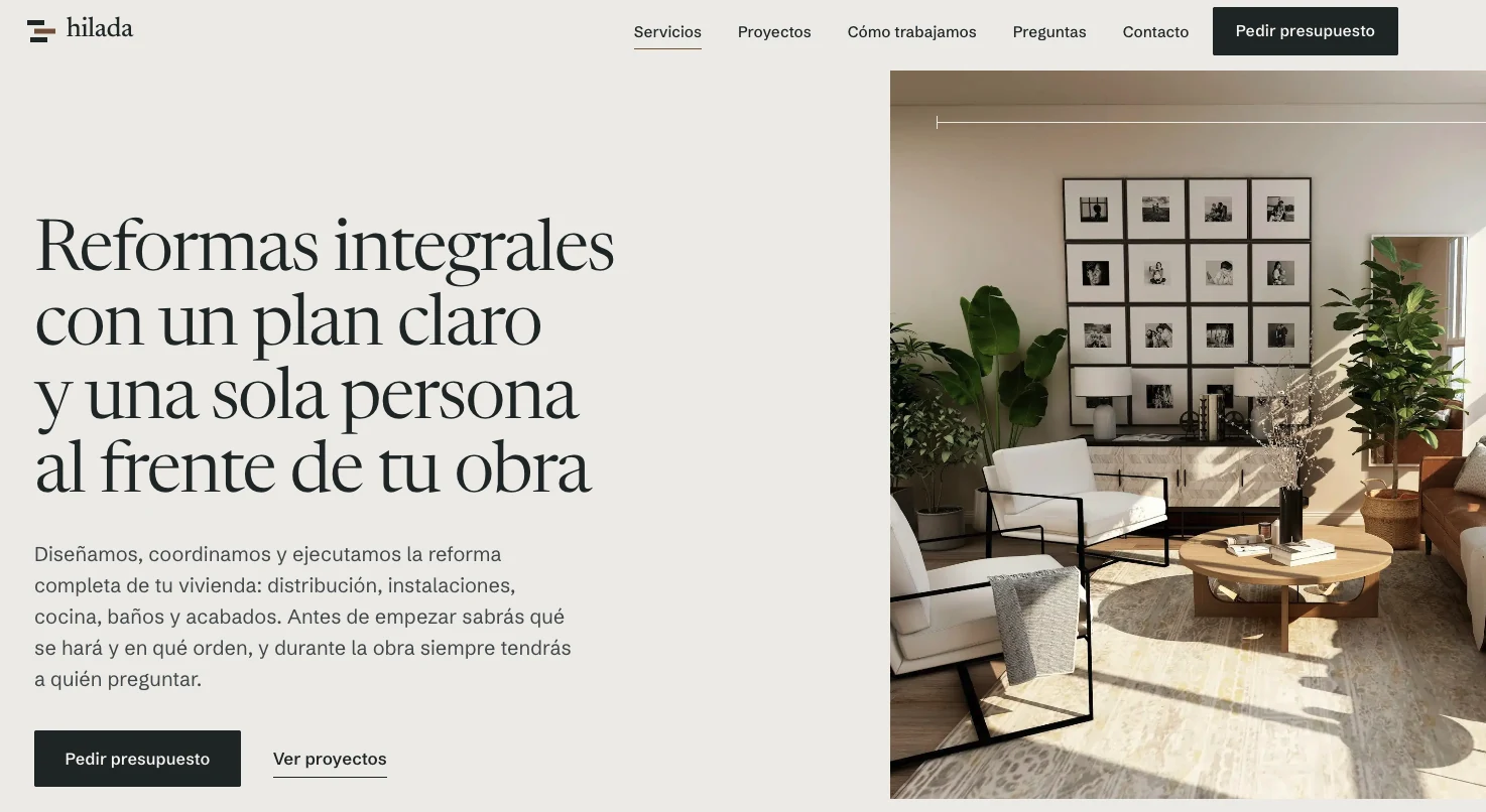 Ejemplo de diseño web para empresa de reformas y construcción: Hilada, sobrio y editorial